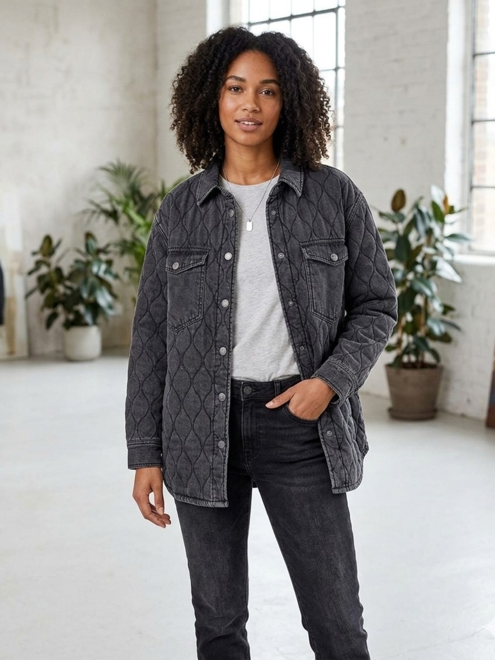 Pepe Jeans London Quilted Denim Shirt Jacket Shacket Womens Size M Washed Black